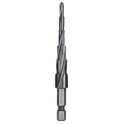 Step Tip Step Drill 10mm Deep Cut Tapping 3.3, 4.2, 5.0, 6.8, 8.5, 10.2mm HSS-Co5 (Cobalt) TiAIN Coated 1/4" Hex Shank Bordo 2612-MD4