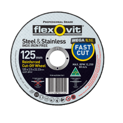 Cut-Off Disc Ultra Fast Cut Steel/Inox 125 x 1.0 x 22.23mm Flexovit Maxi Tub 66252837709 (Pkt:100)