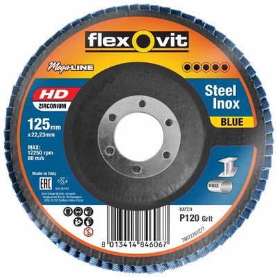 Zirconia Inox Angled Flap Disc 125mm 120Grit Flexovit Megaline 78072761277 Each 