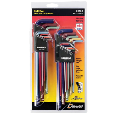 L-Wrench Hex Key Set - Ball End - ColorGuard - 9Pce Metric +   (22 Pieces) Bondhus BD69600