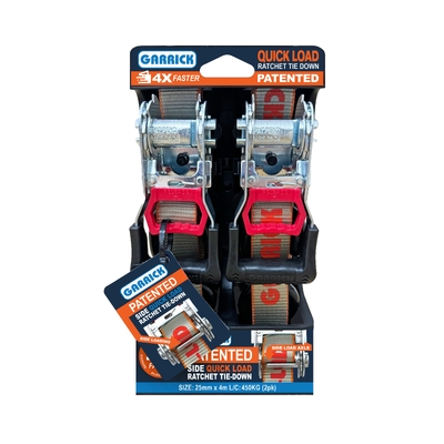 Quick Load Ratchet Tie Down 25MM x 4M X 450KG Garrick Herbert GQLRTD-25MM Pack of 2