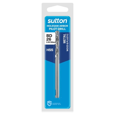 Drill H122 BD26 Pilot HSS 6.35 x 105MM 1 Pack Hangpack Sutton Tools H112BD26