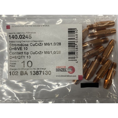CuCrZr 1.0mm M6 8mm CCZ Contact Tip Heavy Duty Binzel P140.0245 Pkt : 10