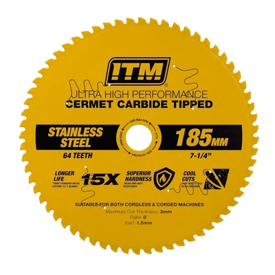 185mm Stainless Metal Cutting Blade, Cermet Carbide Tipped, 64 Teeth ITM SSBL-SS1852064