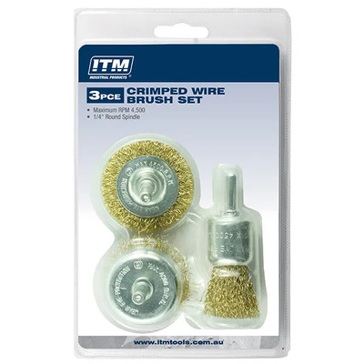 Crimped Wire Brush Kit 3 Piece -50mm Wheel Brush, 50mm Cup Brush And 25mm End Brush ITM TM7016-003