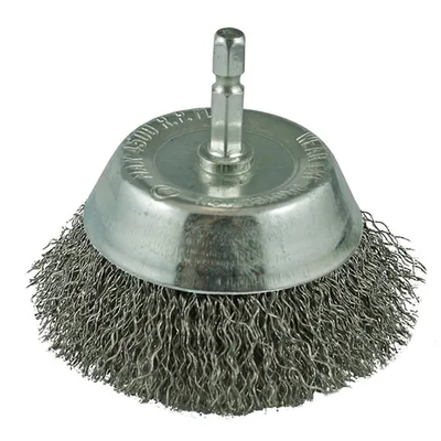 CRIMP WIRE SPINDLE MOUNTED CUP BRUSH 65MM, 1/4" HEX SHANK ITM TM7021-065