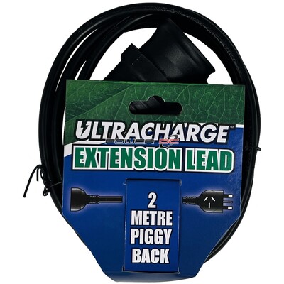 Black Extension Lead With Piggy Back Plug 2M Ultracharge UR240/2PB