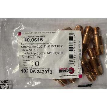 Contact Tip 1.6mm M10 CuCrZr Binzel 140.0616 Pack of 10