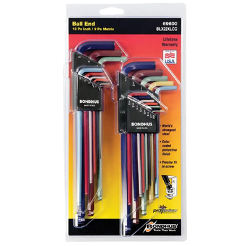 L-Wrench Hex Key Set - Ball End - ColorGuard - 9Pce Metric +   (22 Pieces) Bondhus BD69600