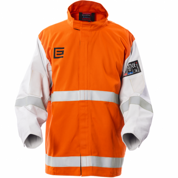 High Visibility Orange Welding Jacket with Grain Leather Sleeves and Reflective Trim Size LRG Elliotts OPWJ30CST1L