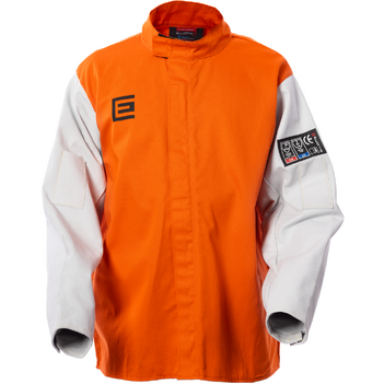 High Visibility Orange Welding Jacket with Grain Leather Sleeves Size XLG Elliotts OPWJ30CSXL