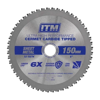 150mm Sheet Metal Cutting Blade, Cermet Carbide Tipped, 52 Teeth ITM SSBL-SM1502052