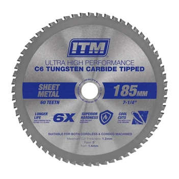 185mm Sheet Metal Cutting Blade, C6 Carbide Tipped, 60 Teeth ITM SSBL-SM1852060 main image
