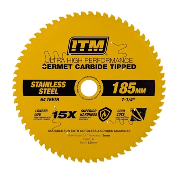 185mm Stainless Metal Cutting Blade, Cermet Carbide Tipped, 64 Teeth ITM SSBL-SS1852064 main image