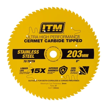 203mm Stainless Steel Metal Cutting Blade, Cermet Carbide Tipped, 70 Teeth ITM SSBL-SS2031670