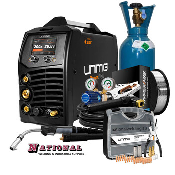 200A Synergic Pulse Mig/Stick/Tig Welder Unimig With D Size Argon Gas Bottle U11003K