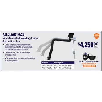 ALLCLEAR FA25 Wall-Mounted Welding Fume Extraction Fan + 4m Arm Package Weldclass WC-FA254M-Pro