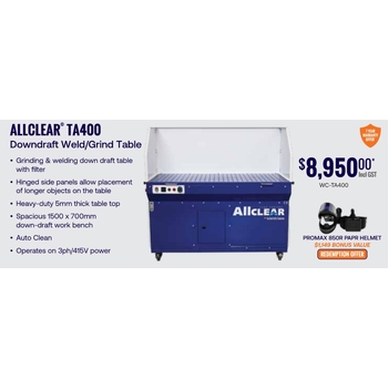 ALLCLEAR TA400 Grinding & Welding Downdraft Table With Filter 3ph/415V Weldclass WC-TA400-Pro